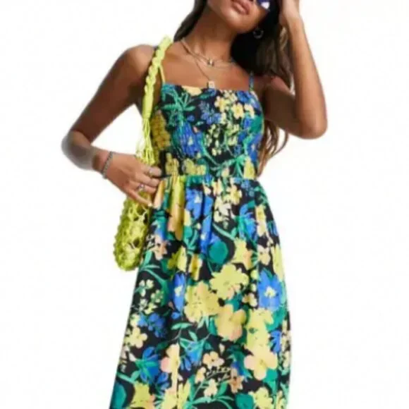 Top Shop Womens Tropical Floral Midi Dress Smocked Spaghetti Strap Multicolor S - Picture 4 of 6